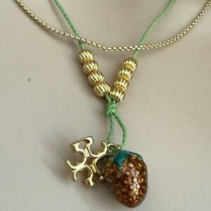 Tory Burch Gold Bead Double Strand Necklace with Green Cord, Strawberry Pendant.